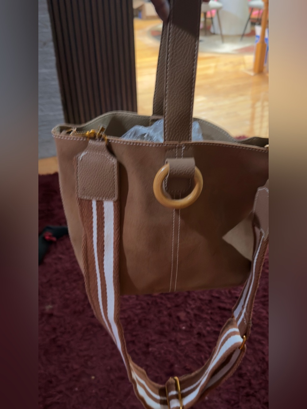 Brown Women’s Tote Bag with Striped Strap